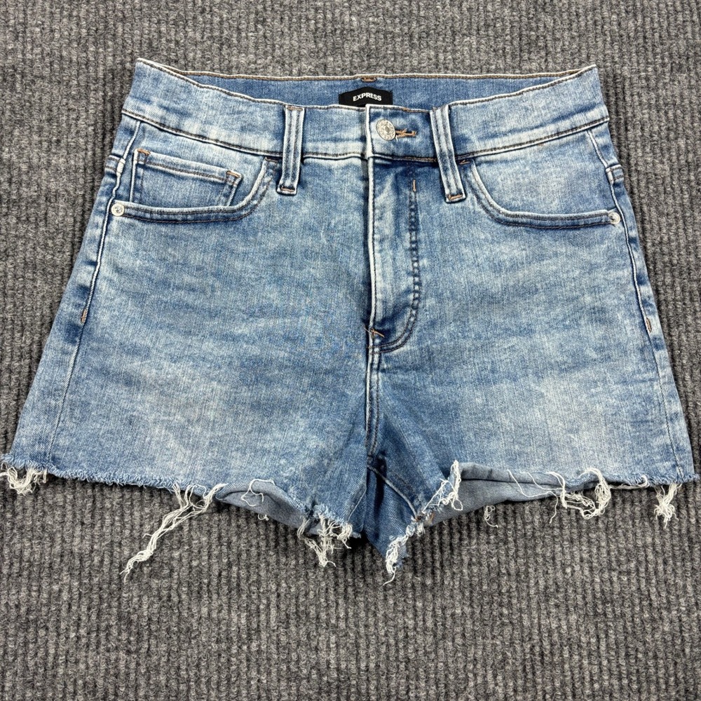 Express Denim Shorts Women 4 Blue High Rise Hyper Stretch Shortie Cut Off